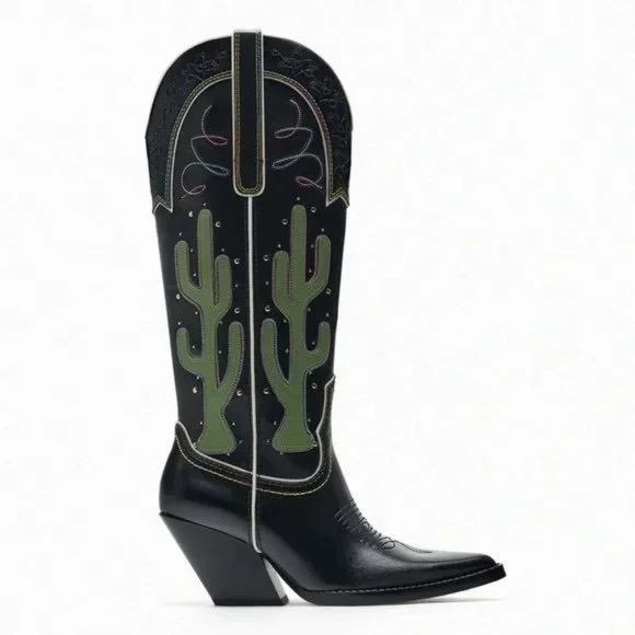 Zara Shoes Zara Contrasting Knee High Cactus Cowboy Boots